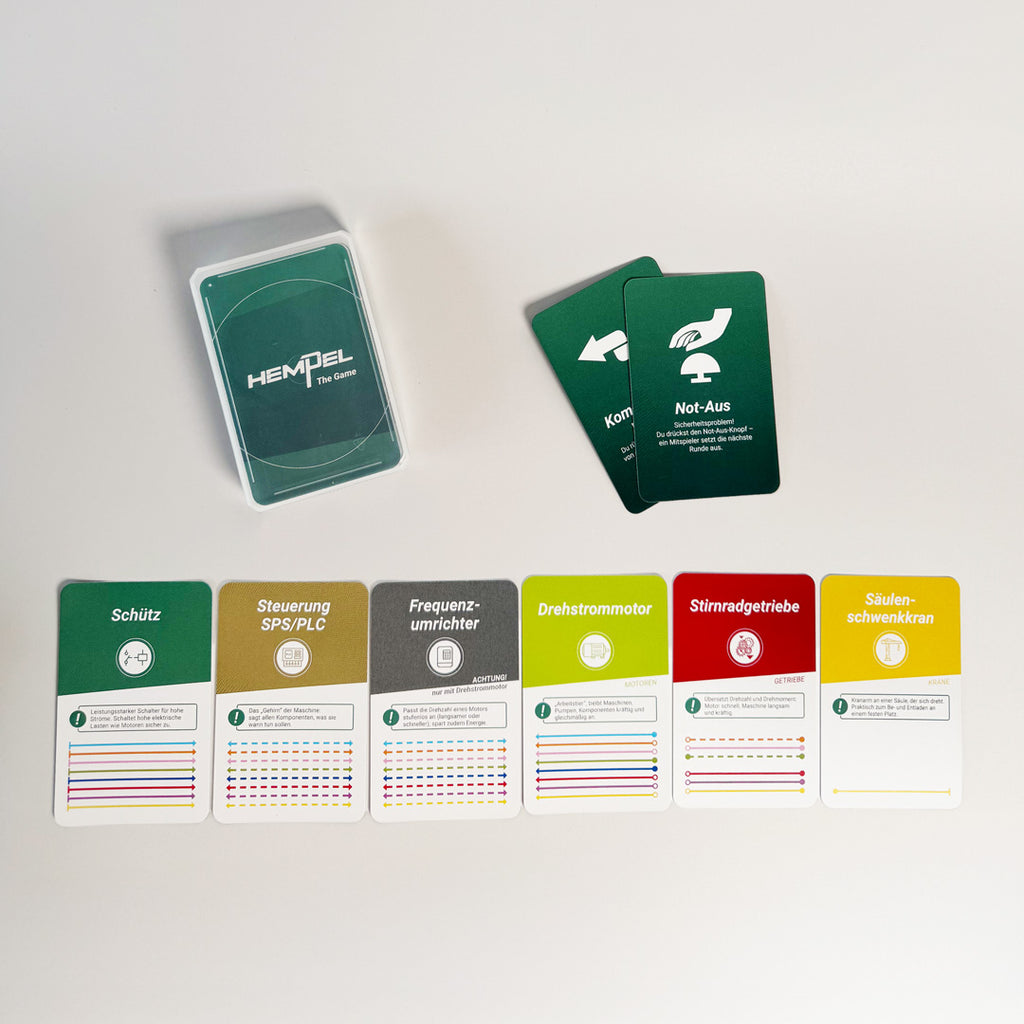 Ein geschlossenes Spiel HEMPEL The Game neben zwei Sonderkarten und einem funktionierenden Maschienenstrang aus Karten